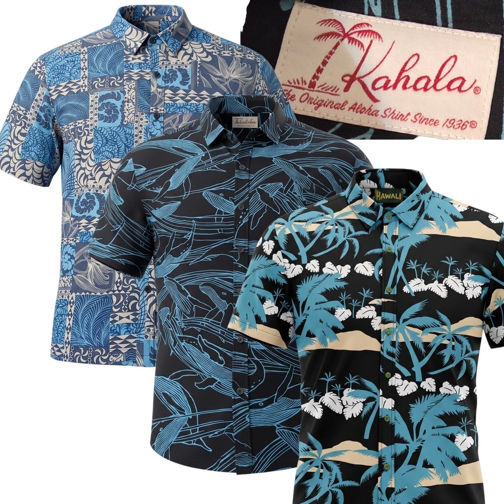 Kahala Aloha Shirt Lot Men XL Blue Black Palm Tree Whale Patchwork 3pc Set